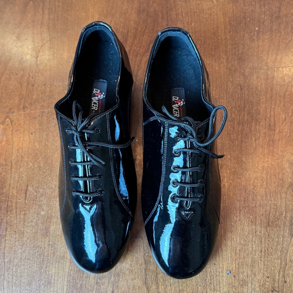 Very Fine Competitive Dancer Shoes Men 9 Black Like New Patent Ballroom CD9317 - Picture 2 of 7